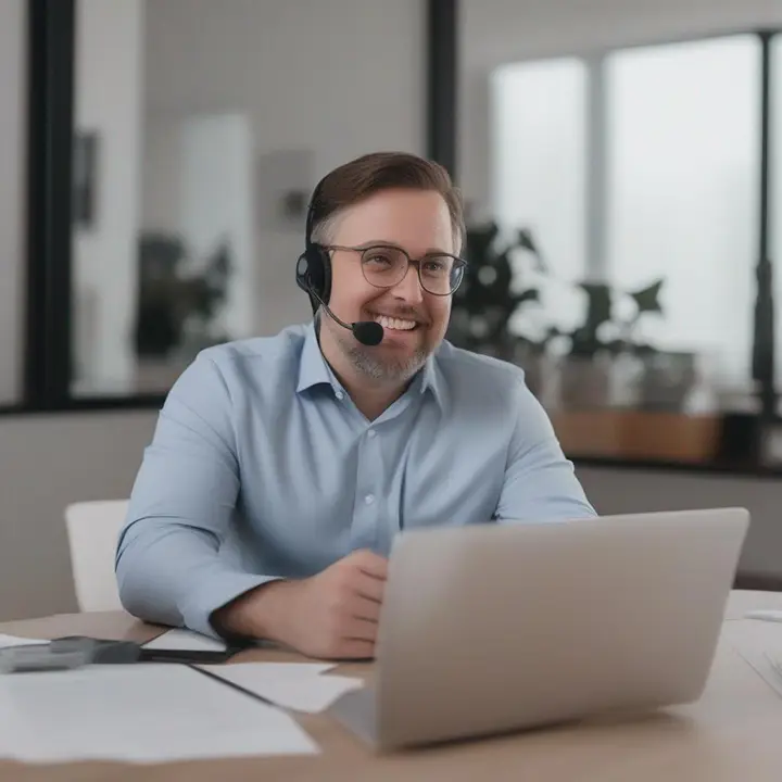 ai generated deepfake of a man smiling on video call in an office